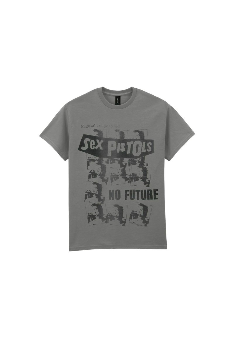 Grå bomulds t-shirt med et grafisk design med teksten "Sex Pistols" og "No Future", samt billeder i sort og hvid. Korte ærmer, rund hals.