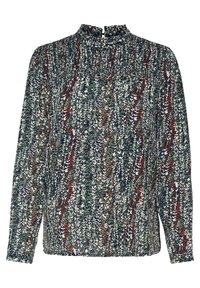 Bluzka z długim rękawem i wysokim kołnierzem, ozdobiona kwiatowym wzorem w zielonych, granatowych i rudych tonach, z teksturowanym, marszczonym designem.