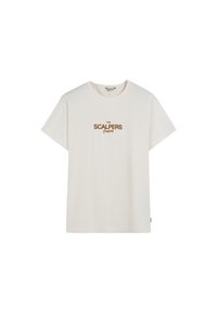 Camiseta de algodón blanca con mangas cortas, escote redondo y "THE SCALPERS Company" impreso en marrón en la parte frontal.