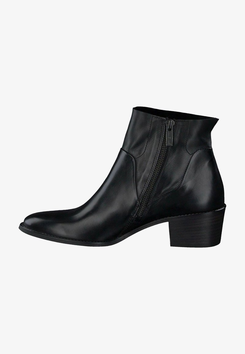 Bottine en cuir noir avec fermeture éclair latérale, bout pointu et talon bloc empilé.
