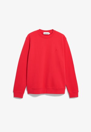 Sweat-shirt rouge à col rond avec manches longues, poignets et ourlet côtelés, et petit logo brodé sur la poitrine gauche.