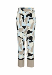 Pantalones con estampado que presentan un diseño geométrico en tonos de azul, beige, negro y crema. Confeccionados en una tela ligera con una textura suave.