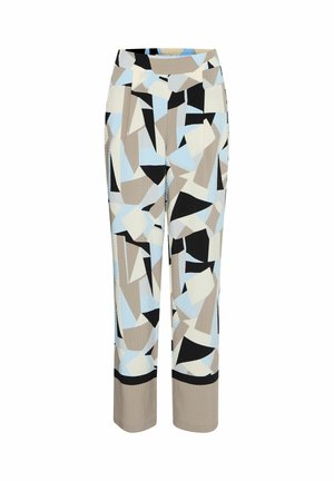 Pantalons à motifs présentant un design géométrique dans des nuances de bleu, beige, noir et crème. Fabriqués en tissu léger avec une texture lisse.