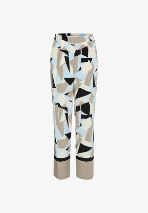 Pantalons à motifs présentant un design géométrique dans des nuances de bleu, beige, noir et crème. Fabriqués en tissu léger avec une texture lisse.