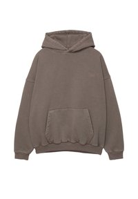 Sweat à capuche marron surdimensionné avec une poche avant, des poignets et un ourlet côtelés. Présente un logo cousu sur la poitrine. Fabriqué en tissu doux et texturé.