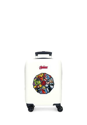 Maleta rígida blanca con asa y ruedas negras, con un logotipo circular de los Vengadores con Iron Man, Capitán América, Thor, Hulk, Pantera Negra, Capitana Marvel y Viuda Negra.