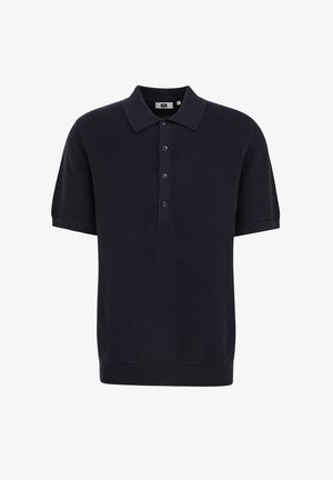 Koszulka polo z krótkim rękawem w ciemnoniebieskim odcieniu, teksturowana, z czterema guzikami oraz prążkowanym kołnierzykiem i dołem.