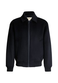 Black jacket made of soft fabric, featuring a zip-up front, collared neck, side pockets, and elastic cuffs at the sleeves and bottom hem.