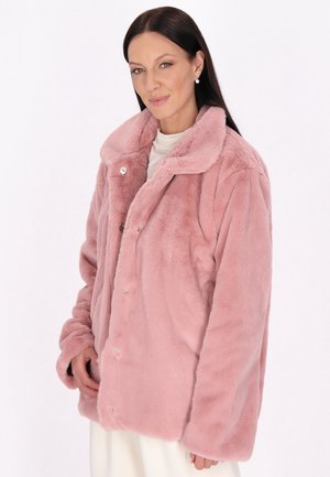 Faux fur jacket in light pink, featuring a notched collar, snap buttons, and long sleeves with a soft, plush texture.