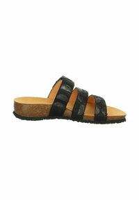 Zwarte slippers met drie gestructureerde bandjes over een kurken voetbed, met een rubberen loopzool voor grip.