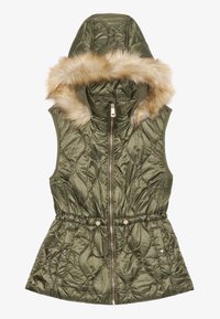Olive green, sleeveless vest featuring a quilted design, zip closure, drawstring waist, and a removable faux fur-lined hood.