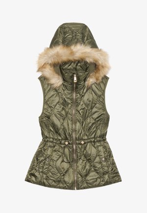 Olivengrønn, ermeløs vest med kviltet design, glidelås, snor i livet og avtakbar hette med faux pelsfôr.