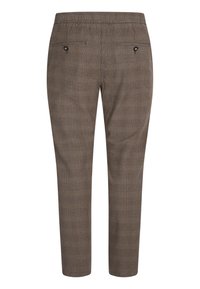 Bruine geblokte broeken met een elastische tailleband, twee achterkantzakken en een slim fit ontwerp. De stof heeft een gladde, textuurlijke uitstraling.