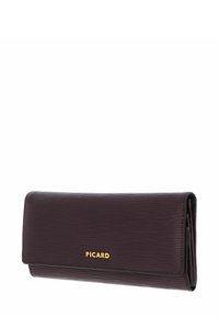 Portefeuille en cuir texturé marron foncé avec un fermoir rabat et un logo doré "PICARD" à l'avant, présenté sur un fond blanc.