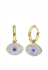 Gouden ringoorbellen met een oogontwerp, versierd met heldere en blauwe rhinestones, die een gestructureerd en sprankelend oppervlak creëren.