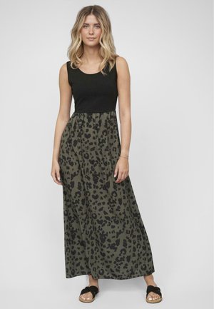 Maxi dress with a black sleeveless top and an olive green skirt featuring a black leopard print pattern. Soft fabric with a relaxed fit.