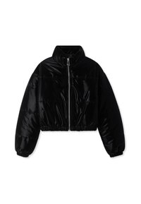 Giacca puffer nera cropped con finitura lucida. Caratterizzata da un colletto alto, chiusura frontale con zip e polsini ed orlo elasticizzati.