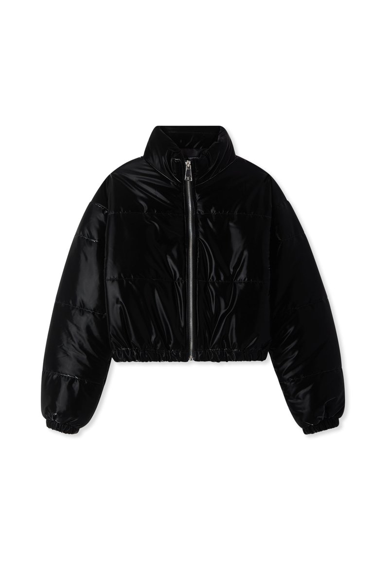 Giacca puffer nera cropped con finitura lucida. Caratterizzata da un colletto alto, chiusura frontale con zip e polsini ed orlo elasticizzati.