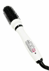 Runde Thermobürste mit einem schwarzen Borstenkopf und einem weißen strukturierten Griff. Verfügt über einen schwarzen Akzentring und ein Warnsymbol an der Seite.