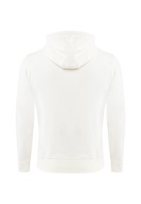 Vit hoodie med snörning i huvan, ribbade muddarna och nederkanten, tillverkad av mjukt tyg, med en enkel och ren design utan synliga logotyper.