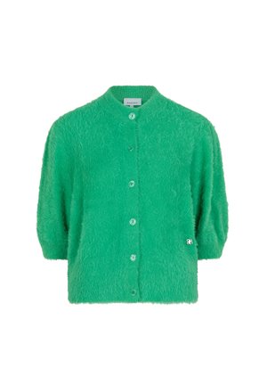 Groene, fluffy cardigan met een ronde halslijn, korte mouwen en zes knopen. Heeft een klein logo rechtsonder. Zachte textuur.
