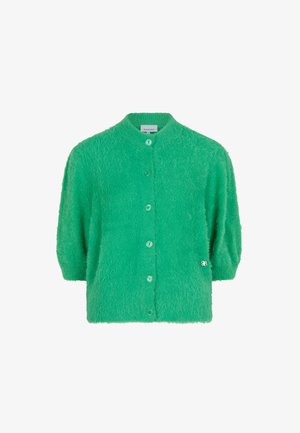 Groene, fluffy cardigan met een ronde halslijn, korte mouwen en zes knopen. Heeft een klein logo rechtsonder. Zachte textuur.