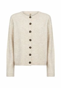 Beige knitted cardigan with long sleeves and a front row of seven brown buttons, round neckline, and ribbed cuffs and hem.