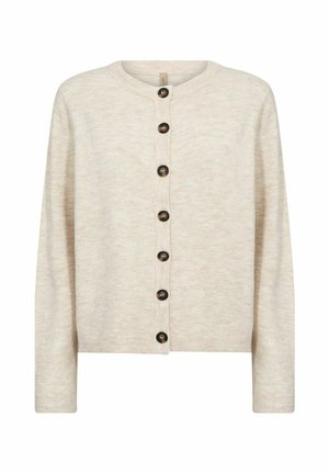 Beige knitted cardigan with long sleeves and a front row of seven brown buttons, round neckline, and ribbed cuffs and hem.