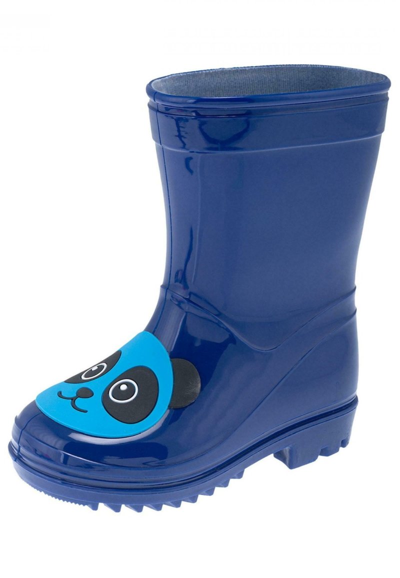 Botas de lluvia de goma azules con un diseño de cara de panda en la puntera, suela texturada para mayor agarre y superficie lisa con un acabado brillante.