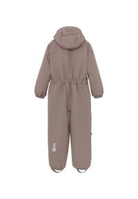 Brun isolerad jumpsuit med huva, elastisk midja och ärmslut, med en slät yta och vita logotypdetaljer. Lämplig för mycket hårt väder.