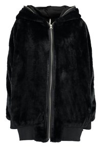 Czarna bluza z futerkiem sztucznym z zamkiem błyskawicznym z przodu, elastycznymi mankietami i dużym kapturem. Miękka tekstura i luźny krój. Prosty design bez wzorów.