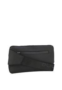 Borsa messenger nera in nylon con superficie texturizzata, tracolla regolabile e tasca frontale con zip. Caratterizzata da un design minimalista e un accento con logo.