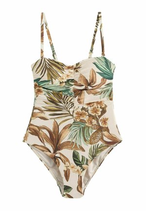 Jednodielne plavky s tenkými ramienkami, s béžovým pozadím a potlačou tropických listov a kvetov v zelených, hnedých a hnedej farbe.