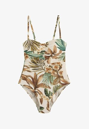 Egyrészes fürdőruha vékony pántokkal, bézs alapon zöld, barna és törtfehér árnyalatú trópusi leveles és virágmintával.
