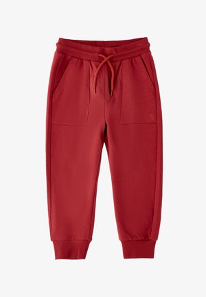 Pantaloni jogging rossi per bambini con vita elastica, coulisse, tasche frontali applicate e polsini a costine.