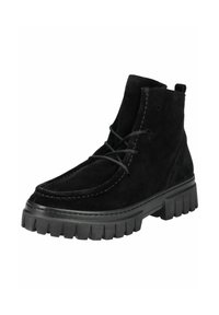 Bottines en daim noir avec une pointe arrondie, semelle en caoutchouc noir épaisse et couture contrastante. Design à lacets avec une languette à l'arrière.