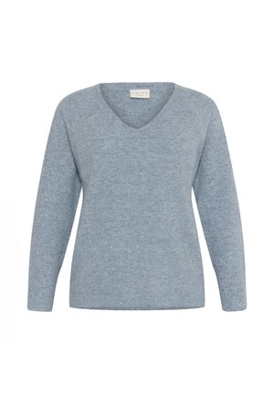 Světle modrý svetr s výstřihem do V a dlouhými rukávy, vyrobený z měkké, strukturované látky. Má ribbed lem a manžety, což zajišťuje uvolněný střih.
