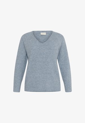 Pull léger bleu clair en V à manches longues, confectionné dans un tissu doux et texturé. Présente un ourlet et des poignets côtelés, offrant une coupe décontractée.