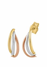 Náušnice kruhy zo zlata, striebra a ružového zlata s prehnutým dizajnom. Hladká textúra s tromi preplietajúcimi sa pásmi v rôznych farbách.