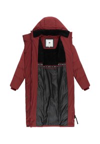 Cappotto lungo bordeaux imbottito con cappuccio rimovibile, foderato in morbida finitura in pelliccia sintetica nera e con una fodera interna nera liscia che presenta un sottile motivo.