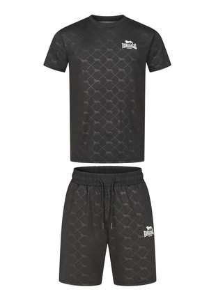 Black athletic set featuring a short-sleeve shirt and shorts with a subtle repeating pattern. Elastic waistband on shorts, logo on chest.