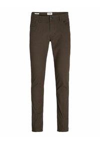 Pantaloni in cotone marrone con una vestibilità slim, caratterizzati da cinque tasche, chiusura con zip e dettagli di cucitura discreti. Texture liscia con una finitura opaca.