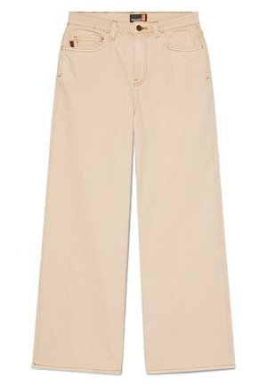 Beige viddebukser i slidstærkt stof med to forlommer, knaplukning og kontrastsyninger langs sømmene.