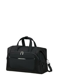 Sac de sport noir avec deux poignées supérieures, une bandoulière ajustable, un compartiment principal zippé et une poche avant. Fabriqué en matériau durable.
