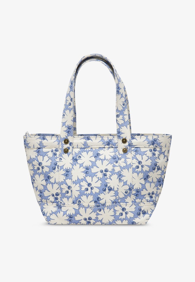 Τσάντα tote με μπλε και λευκό λουλουδάτο σχέδιο, δύο λαβές και μεταλλικά τρουκ στο πάνω μπροστινό λουρί.