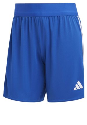 Blue athletic shorts made of a smooth, lightweight fabric. Features a wide waistband and white logo on the lower left leg.