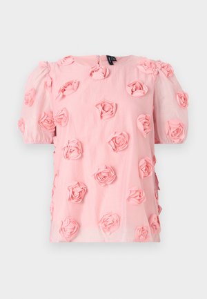 Pink fabric top with short puff sleeves, featuring three-dimensional fabric rose appliqués evenly distributed across the front. Back button closure.