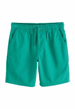 Világos türkiz színű, hétköznapi rövidnadrág gumis derékpánttal és húzózsinórral, oldalzsebekkel és egyenes szárú szabással.