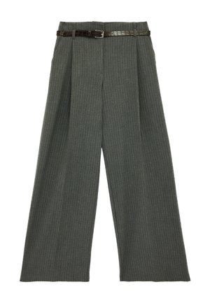 Wide-leg gray pinstripe trousers with front pleats and a thin dark brown leather belt with a silver buckle at the waist.