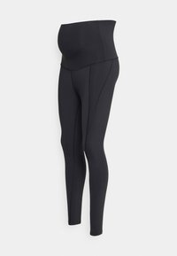 Leggings de maternité noirs avec une taille haute, fabriqués en tissu extensible. Conçus pour le confort avec une texture lisse et une coupe ajustée.
